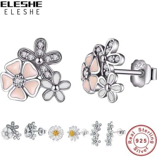 ELESHE Spring Trendy 925 Sterling Silver Daisy Flower Stud Earrings With Dazzling Crystal Enamel Earrings for Women Fine Jewelry