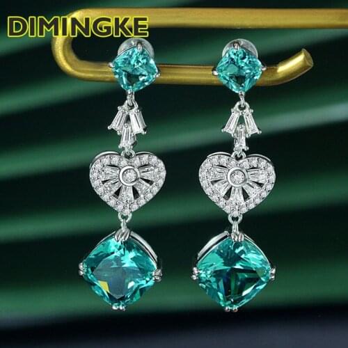 DIMINGKE 10*10MM Paraiba Tourmaline Earrings 100%-S925 Sterling Silver Female Jewelry Party Birthday Gift