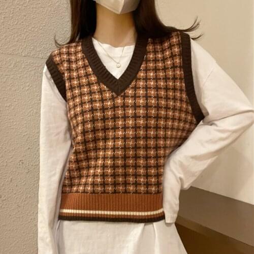 Women Vest 2021 Autumn New Korean Fashion Retro Plaid V Neck Loose Casual All-match Sleeveless Jacket Knitted Sweater Vests