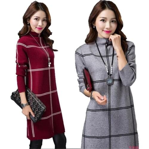 Womens Winter Sweater Plus Velvet Thick Turtleneck Pullover Ladies Large Size Plaid Sweaters Dresses Female Basic Sweater W1695