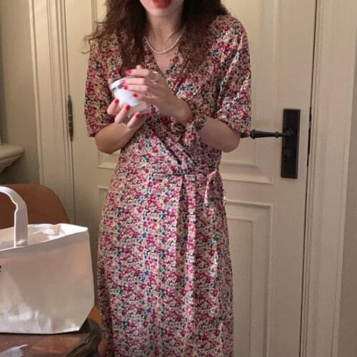 2021 New Women Summer Vintage Floral Long Wrapped Shirt Dress Sashes V Neck Slim Fit Maxi Sundress