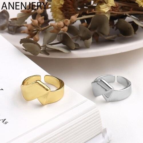 ANENJERY 925 Sterling Silver Retro Geometric Folding Shape Ring for Women Elegance Couple Open Ring S-R476