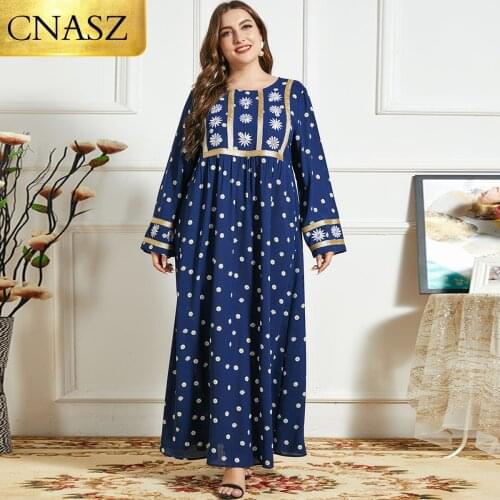 Dresses For Women 2021 New Womens Blue Daisy Print Ethnic Embroidery Casual and Comfortable Arabic Robe Dubai Long Skirt
