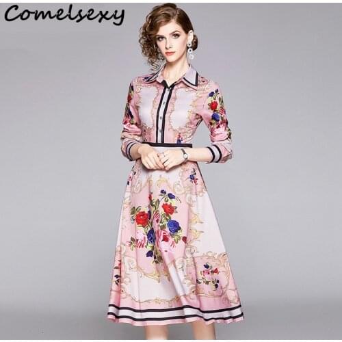 2019 Spring Summer Fall Runway Floral Print Collar Long Sleeve Empire Waist Women Lady Party Casual A-Line Midi Dress Vestidos