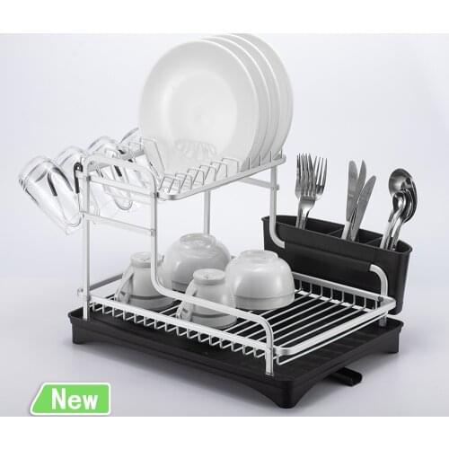 2 Tier Silver Stainless Aluminum Kitchen Dish Rack Sink Drainer Plate Drying Shelf Organizer Accessories Cutlery Glass Storage