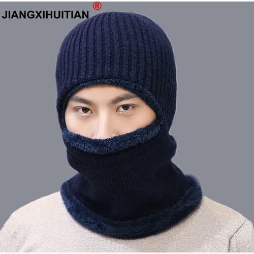 2018 Neck warmer cap scarf set fur Wool velvet Thick Warm Knitted beanies balaclava Winter beanies For men women Skullies bonnet