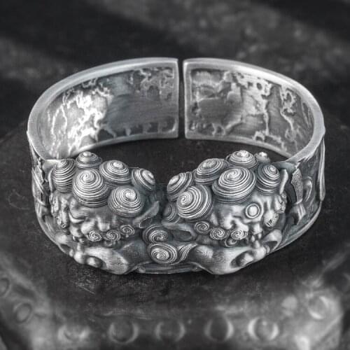 Solid 999 Sterling Silver handmade lion Cuff Bracelet mens jewelry A5674