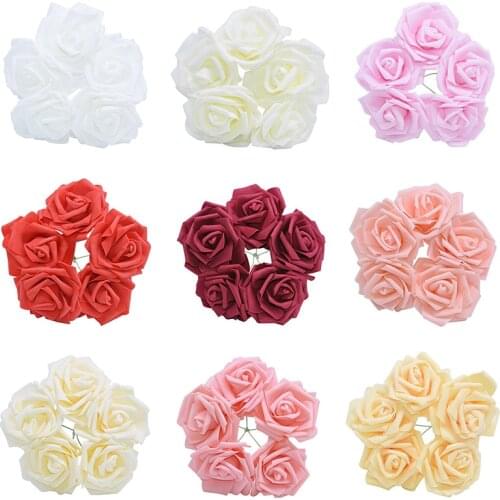 30pcs 8cm Foam Rose Artificial Flowers Heads DIY Bride Bouquet Floral Wedding Party Decoration Supplies Cheap Flower with Stem