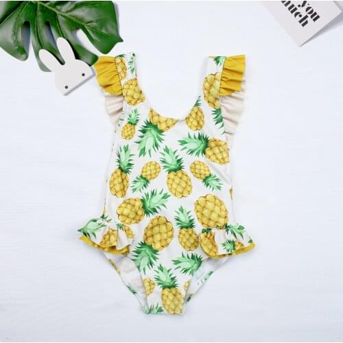 New Arrival Girls And Little Girls Swimming Jumpsuit Yellow Pineapple Print Flying Sleeve O-Neck Bow One-Piece Bikini Swimsuit