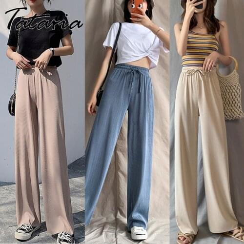 Soft Comfort Slacks women Pants harajuku Casual Summer High Waist pants Women Ice Silk Ankle-Length Long Trousers Female Slacks