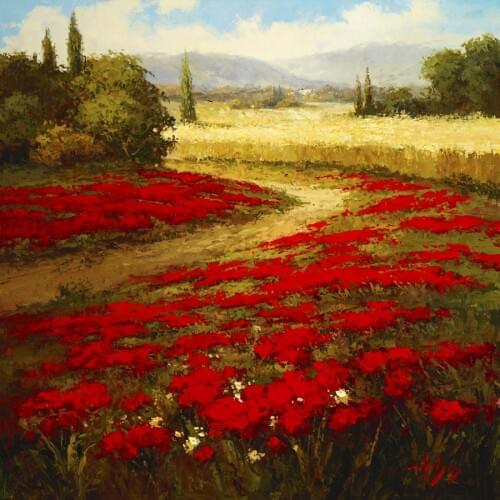 Wall art Lanscapes paintings flowers field Red Poppy Trail hand-painted picture oil on canvas home decor