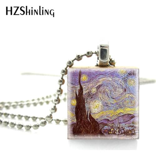 New Hot Selling Vintage Style Van Gogh Oil Paintings Photos Scrabble Game Tile Jewelry Starry Night Wooden Scrabble Tiles