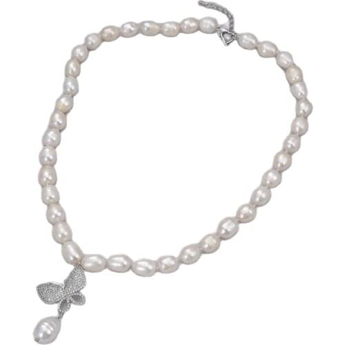 JK 18" White Rice Freshwater Pearl Necklace Butterfly CZ Pendant