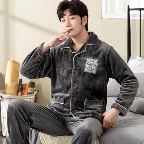 Pajama Man Warm Sleepwear Mens Flannel Winter Thick Pajamas Men Long Sleeve Casual Mens Winter Pajamas Fleece Sleepwear XXXL