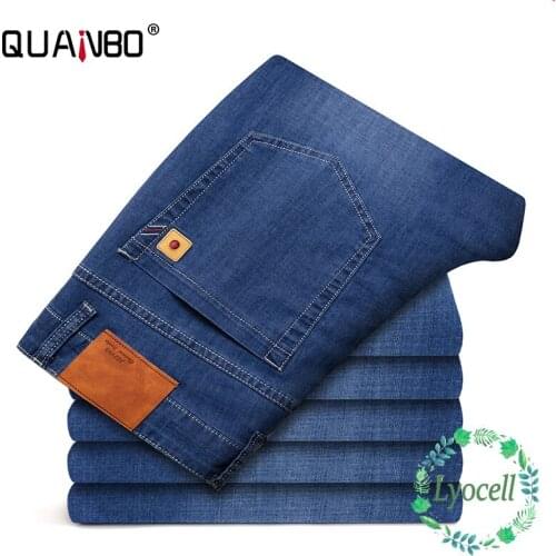 QUANBO Mens Classic Relaxed Fit Flex Jeans Mens Lyocell Fabric Jeans Summer Thin Casual Elasticity Brand Light Blue Trousers