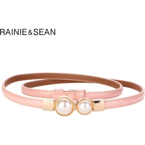 RAINIE SEAN Pink Ladies Belt for Dresses Real Leather Thin Women Belt Pearl Buckle Black Red Pink Gold Brand Female Waist Belt