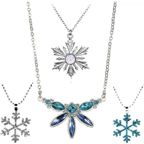Elsa Anna Snowflake Necklace Pendants Snow Flower Chain Necklace Jewelry for Girl Women New Year Christmas Gift