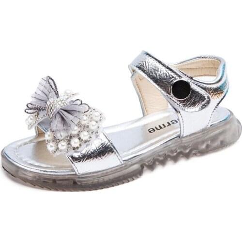 Newest Summer Children Shoes Girls Casual Sandals Fashion Rhinestone Pearl Bow Princess Sandals Non-slip Breathable Flat Shoes