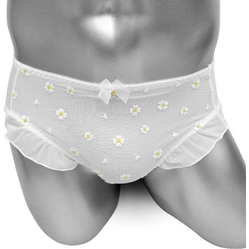 Sexy Mesh Ruffles Sissy Panties With Little Daisy Embroidery For Men Brief Underwear See Through Breathable Gay Panty Underpants