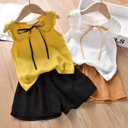 Baby Girls Chiffon Sleeveless Doll Collar T-Shirt + Wide Leg Shorts 2pc Toddler Girls Outfits Kids Girls Clothes Set