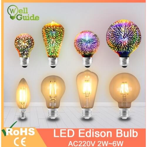 Led bulb E27 3D Decoration Holiday Light 220V Fireworks Edison led Lamp C35 ST64 A60 G80 G95 Retro Filament Lights Edison Bulb