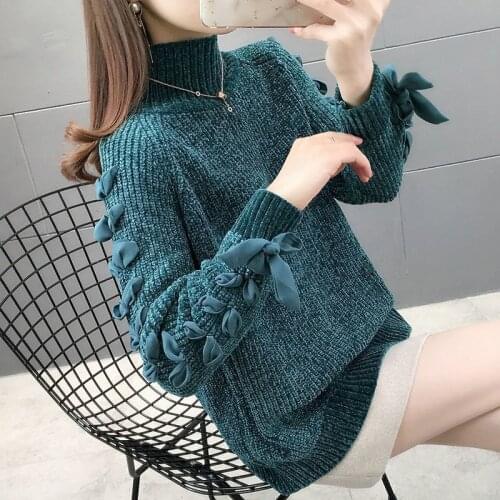 Ladies Turtleneck Chenille Sweater Pullover Fall/Winter New Style Bowknot Thick Gold Velvet Thick Line Loose Commuter Knitwear