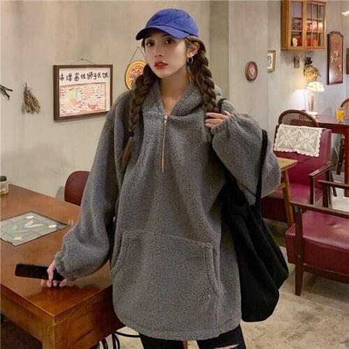 Lamb Wool Hoodie Sweatshirt Kpop Loose Japanese Style Solid Color Zipper Fleece Winter Warm Kawaii Coat Pullover Women Clothes