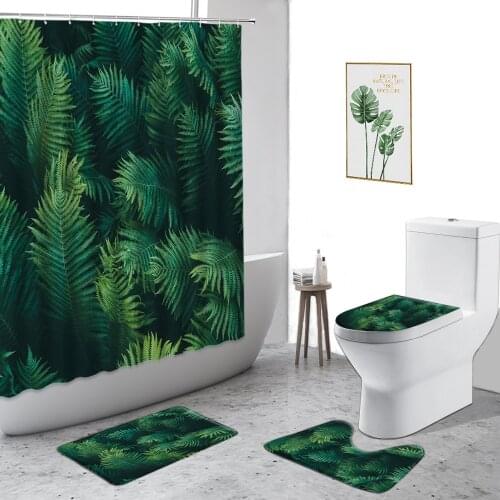 Tropical Plant Shower Curtains Green Leaf Palm Tree Monstera Bathroom Curtain Set Non-Slip Bath Mat Toilet Cover Bathtub Screen
