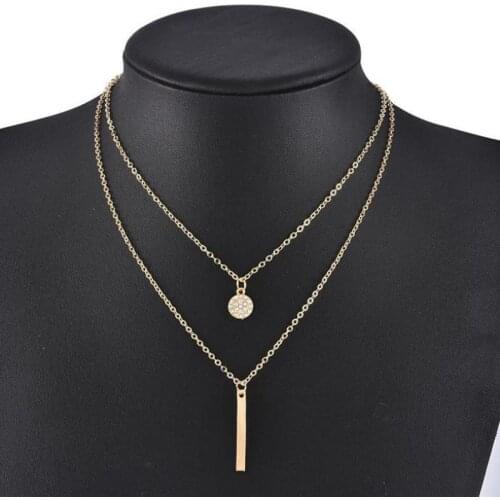 Vintage Multilayer Crystal Pendant Necklace Women Gold Color Double Chain Strand Necklace Bar Drop Choker Collier Jewelry Gift