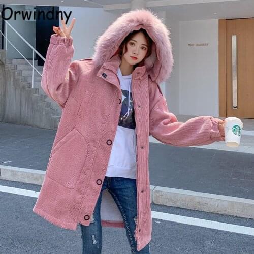 Orwindny Corduroy Fashion Long Parkas Women Lambswool Warm Coats Female 2021 New Loose Oversized Jackets Snow Wear