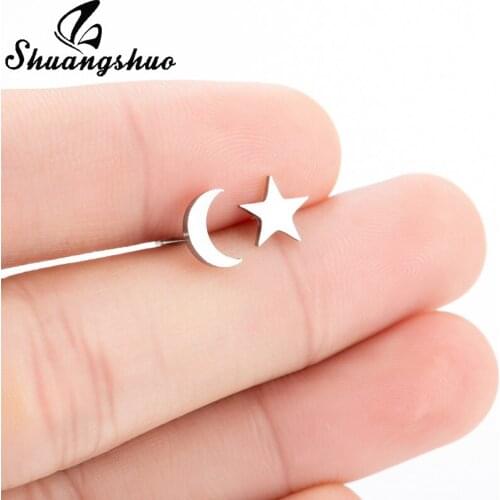 Shuangshuo Lovely Stainless Steel Moon Star Stud Earrings for Women Korean Minimalist Earrings Studs Jewelry Accessories