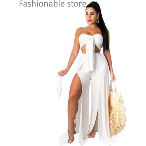 Women Solid Color Lace-up Bandeau Top and High Waist Side Slit Pants 2pcs Set