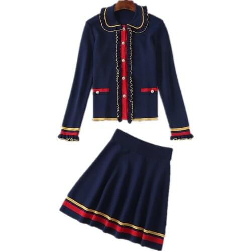 New England Style 2 piece set Luxury Runway Winter sweater Women skirt Single Leisure Gold Navy Wool Knitted Coat
