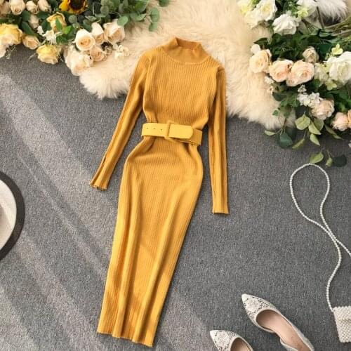 Womens autumn new fashion A-line pure color sashes knit dress one size chic slim hip package turtleneck long dress TB3294
