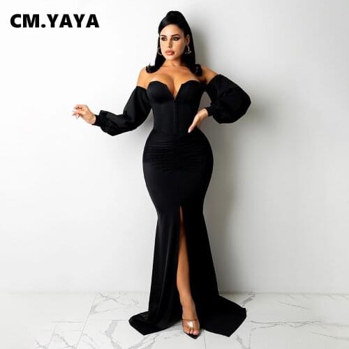 CM.YAYA Women Party Dress Solid Off Shoulder Full Sleeve Stretchy Skinny Splited Trumpet Long Maxi Dresses Evening Vestidos Fall