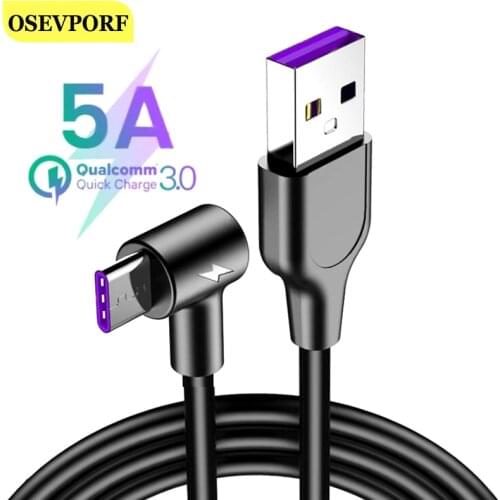 5A Type C Charging Cables for Samsung S20 Huawei P40 Mate 30 40 Pro Plus Type-C USB C Super Charge Supercharge Cable Elbow Cabo