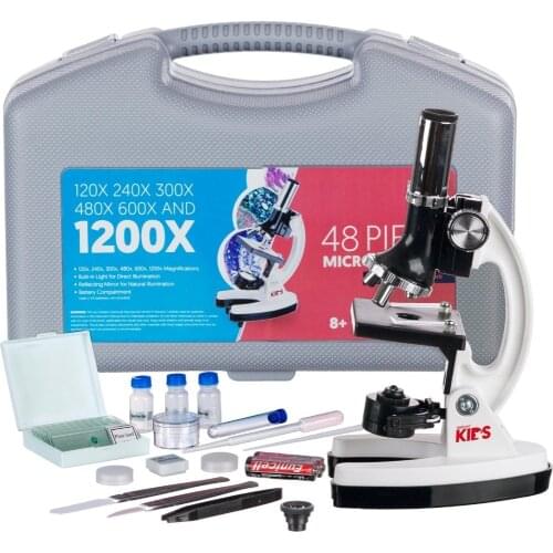 AMSCOPE-KIDS 120X-1200X 48pc Metal Arm Educational Starter Biological Microscope Kit