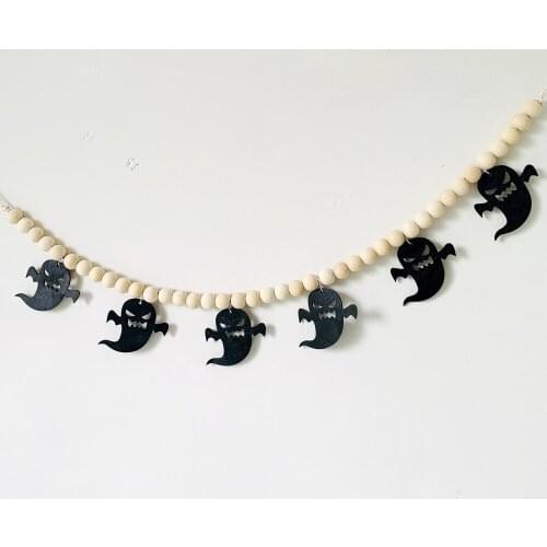 Pumpkin Ghost Wood Bead Garland Kids Room Wall Hanging Ornament Halloween Decoration Wooden Beads String Party Props Craft Gifts