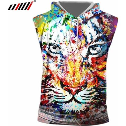 UJWI Men 3d Cool Print Splashing Colorful Tiger Sleeveless Hooded Homme Hip Hop Punk Crewneck Drawstring Hoody