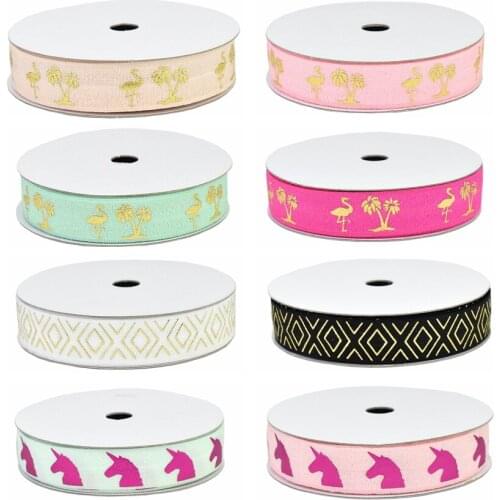 HSDRibbon 5/8 inch foil Unicorn and flamingo gold foil printed on FOE elastic for DIY