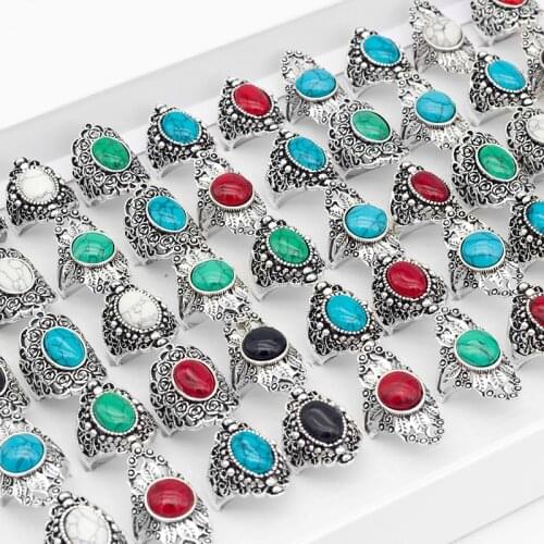 20 Pcs/Lot Vintage Stone Ring for Women Fashion Jewelry Mix Colors Silver Plated Punk Natural Hollow Retro Ring for Party Gift