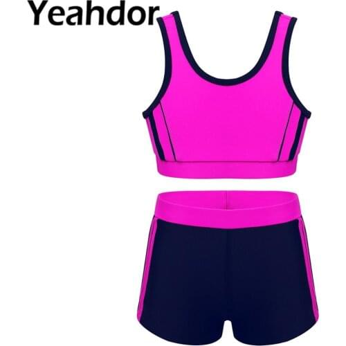 2PCS Girls Ballet Suit Swimwear Summer Sleeveless Tops with Bottoms Tankini Swimsuit Children Kids Set Gym Workout Sportswear
