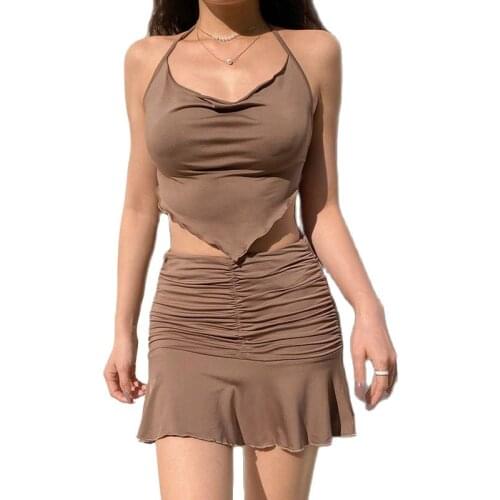 Summer Pleated Bodysuit Suit Set Women Two Piece Halter Camis Cropped Triangle Skirt Suits Sets Woman Pink Brown Black