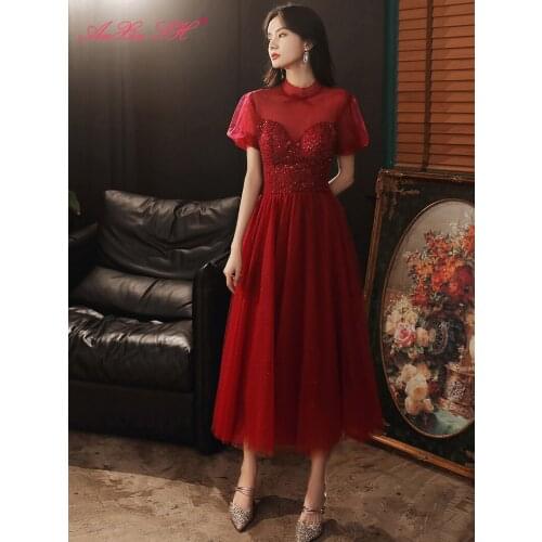 AXJFU luxury princess red lace beading crystal sparkly dubai wedding dress blue grey lace up boat neck black lace wedding dress