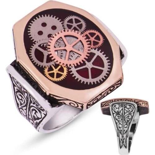 Tevuli 925 Sterling Silver Burgundy Clock Wheel Male Ring