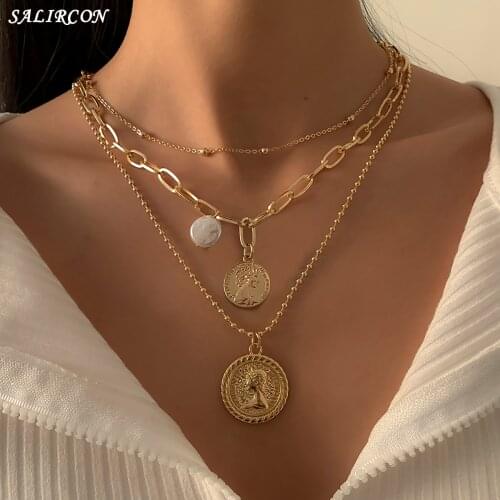 Vintage Multi Layer Carved Coin Portrait Pendant Necklace for Women Kpop Baroque Pearl Beads Chain Necklace Fashion Jewelry 2021