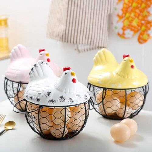 Iron Ceramic Hen Ornament Egg Fruit Storage Basket Container Kitchen Supplies