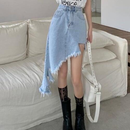 Alien Kitty Stylish Hot Denim Sexy Slim Hole Skew Plus 2021 Prom Summer Jeanswear All Match Streetwear Chic Party Long Skirts