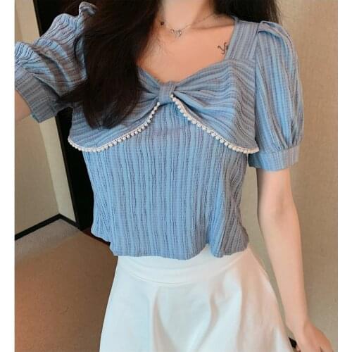 Real Shot 2021 Summer New Fashion Design Feeling Show Thin Square Collar Nail Bead Chiffon Shirt Womens Short Sleeve Shirt Top