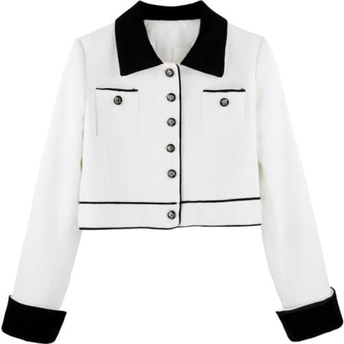 VSUE Women White Black Tweed Turn Down Collar Short Jacket Outwear Spring Autumn Long Sleeve Button Elegeant C0238